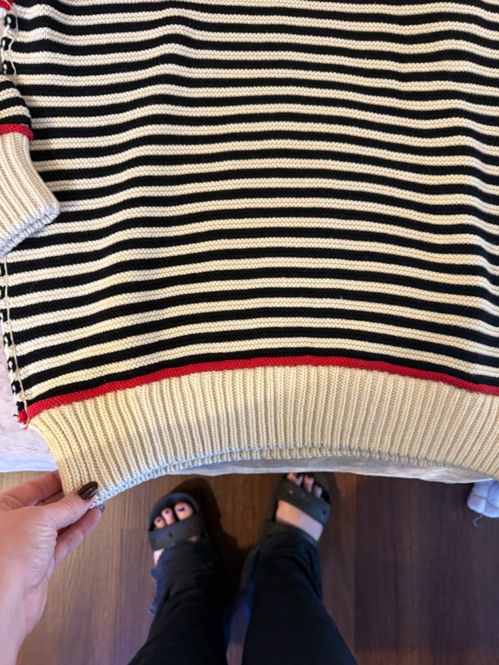 Free People Black & Cream Striped Crewneck Sweater with Red Hem - Picture 8 of 8